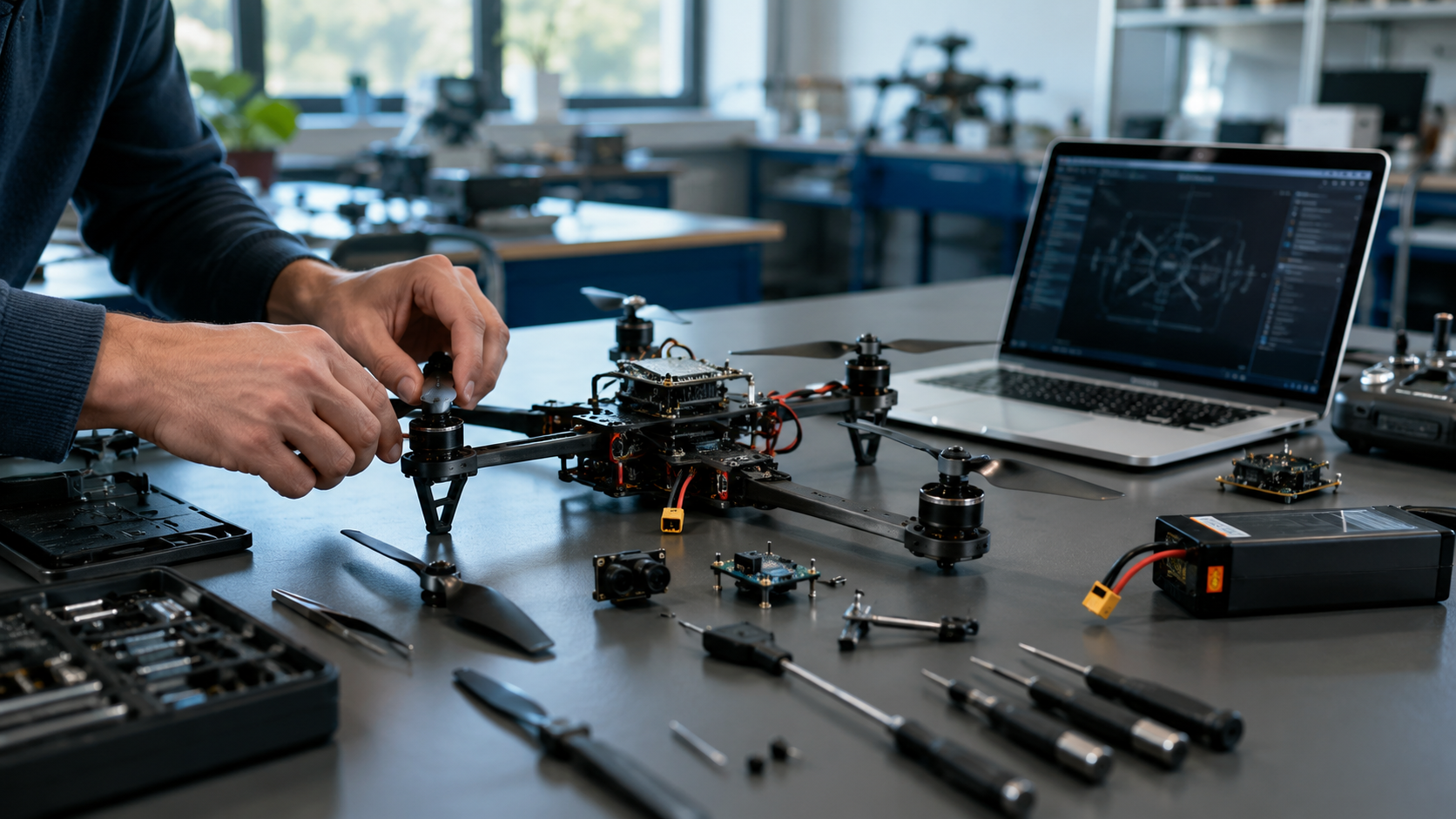 Yakın çekim drone montajı: motorlar, pervaneler, uçuş kontrolcüsü, batarya ve arka planda tasarım yazılımı açık bir dizüstü