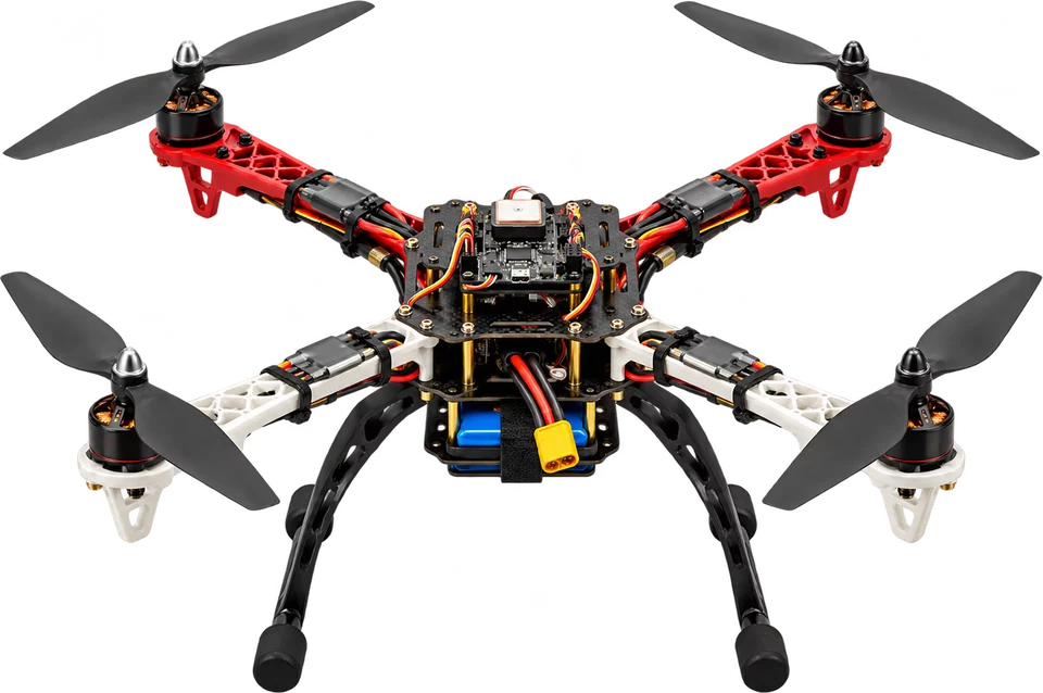 Kurulumu tamamlanmış dört rotorlu drone: gövde, motorlar, pervaneler ve uçuş elektroniği