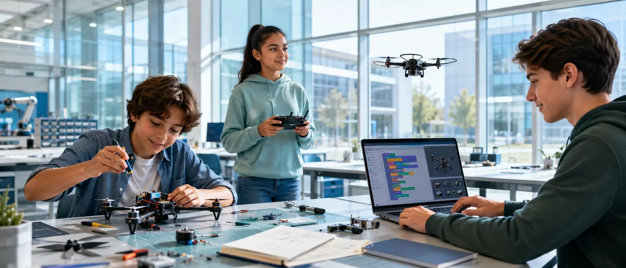 Atölyede drone kuran, uçuran ve kodlayan öğrenciler