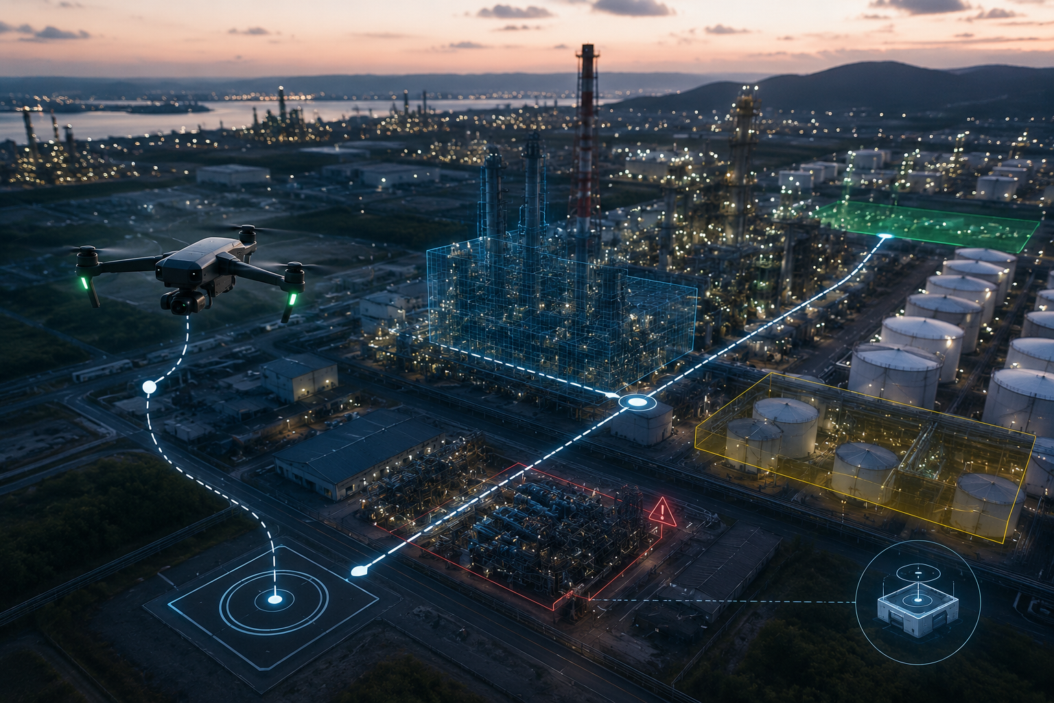 Drone otonom dock pad'inden kalkıp endüstriyel sahayı tarıyor; bölgeler dijital ikiz ve risk katmanlarıyla işaretleniyor