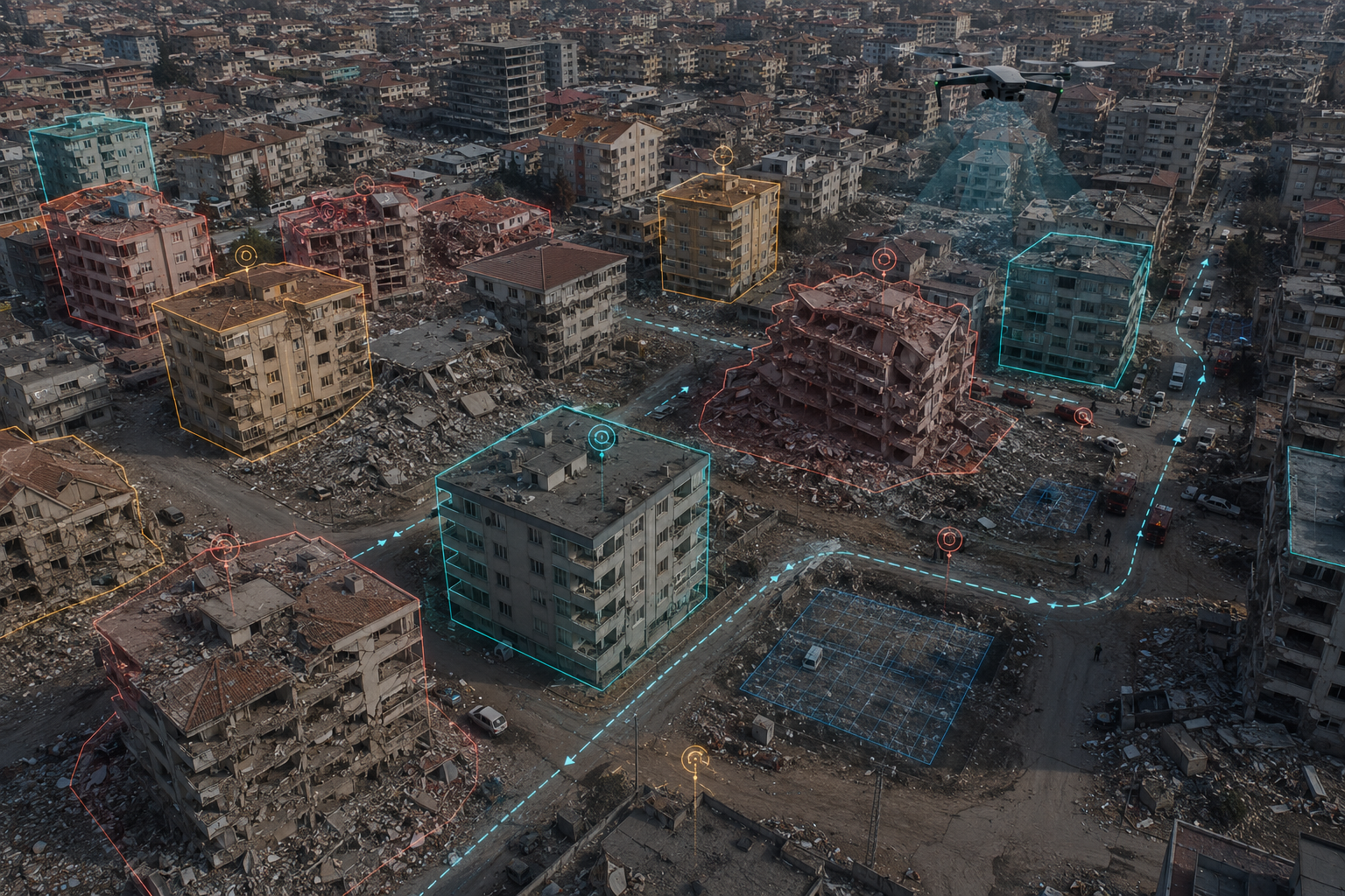 Kilis afet bölgesi — drone taramasında her yapı yapay zekâyla bina bazında tespit edilip sınıflandırılıyor