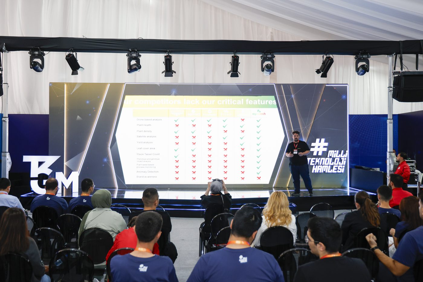 Kurucu, Teknofest Girişim sahnesinde Agrovech'i sunarken